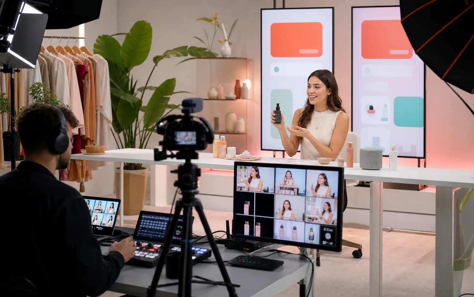 Estúdio de live shopping com apresentadora demonstrando produtos e produção acompanhando a transmissão